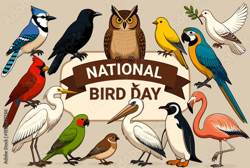 An illustration featuring a diverse group of birds from different species surrounding a banner that says 'National Bird Day', celebrating avian life.