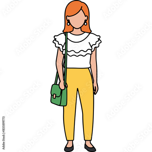 Woman Standing Full Body Casual Outfit Yellow Pants White Ruffle Shirt Green Crossbody Bag Fashionable Style Isolated Black Background
