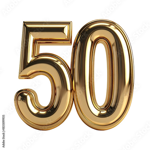 Shiny gold number 50 with reflective surfaces on a black background
