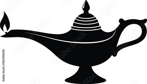 Black silhouette of a magic genie lamp with flame on white background magic lamp Aladdin lamp