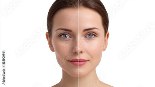 Before and After Skin Treatment with Clear Complexion and Healthy Glow on Female Face Split View