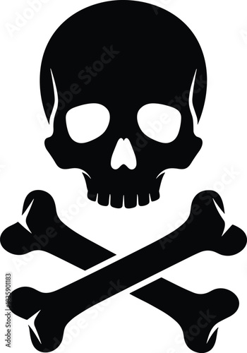 Black Skull and Crossbones Silhouette Icon on White Background Keywords: skull, crossbones, bones, danger, death, pirate, symbol