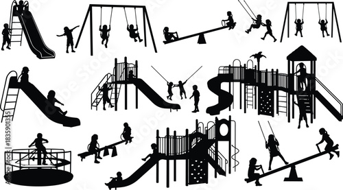 Children playing on playground equipment silhouettes on white background kids swing