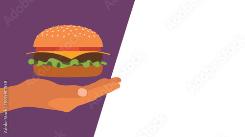 Hand holding a delicious burger flat vector illustration for fast food restaurants isolated on a purple and white background