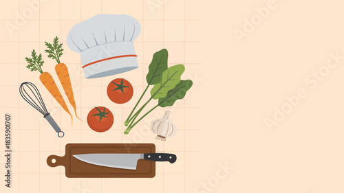 Cooking ingredients flat lay illustration including vegetables knife chefs hat and cutting board ideal for culinary blog or recipe website