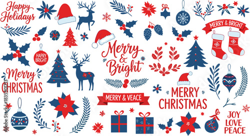 Christmas holiday elements collection with red and blue color scheme on white background festive celebration