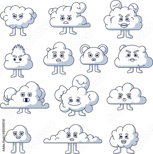 Surreal two-color cloud creatures with feet, expressive cloud faces, and whimsical shapes on white background