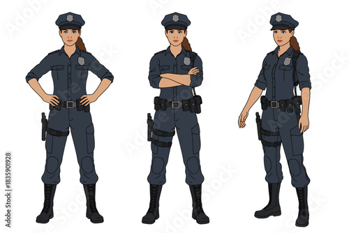 Illustration of a female police officer in uniform standing in various poses vector cartoon character isolated on white