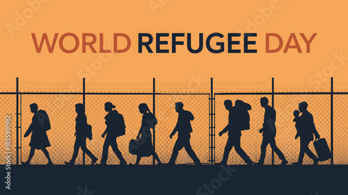 World Refugee Day illustration featuring silhouettes of refugees walking along a fence concept for awareness and support