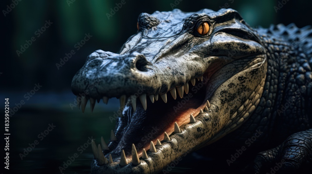 Fototapeta premium Close-up of a fearsome alligator with open jaws, showcasing sharp teeth and textured skin.