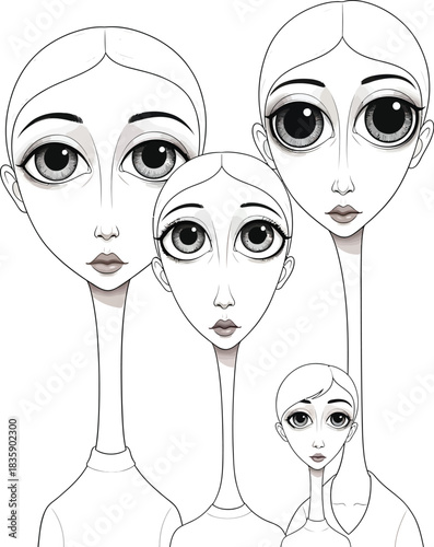 Surreal two-color portraits with long heads, big eyes, tiny mouths, and soft dreamlike expressions