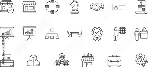 Business Management and Strategy Line Icon Set, including Franchise Network, Partnership, Deal Agreement, Corporate Presentation, Meeting, and Office Workflow Symbols for E-commerce and Retail.