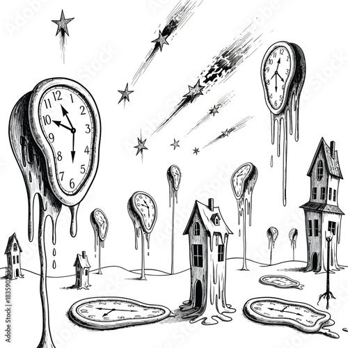 Surreal melting clocks, dripping houses, and dissolving stars in a clean two-color vector design