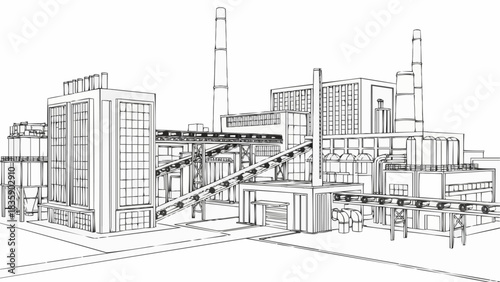 Industrial factory complex with multiple buildings and smokestacks in line art.