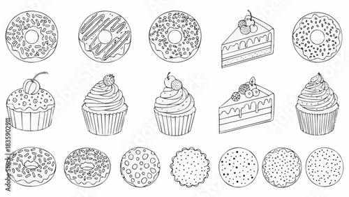Assorted Desserts - Donuts, Cupcakes, and Cake Slices in Line Art.