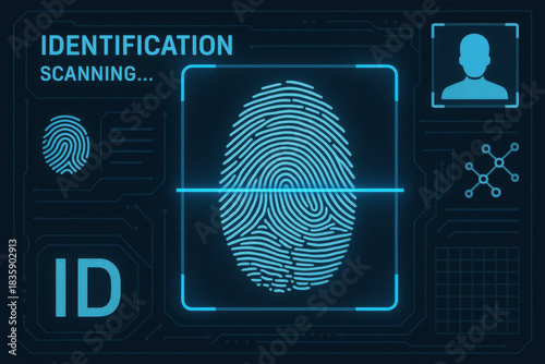 Fingerprint scanning and ID verification on a futuristic digital interface