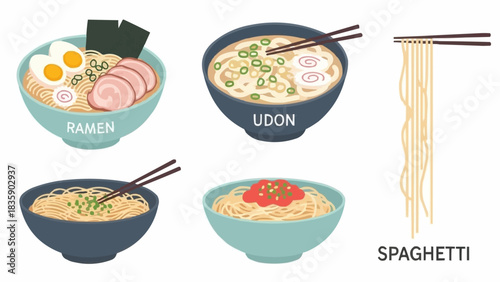 Variety of Japanese noodle dishes in bowls with chopsticks.