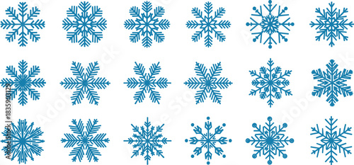 Collection of blue snowflake icons on white background winter cold