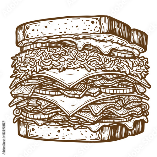 Delicious vintage sketch illustration of a large gourmet sandwich with various ingredients