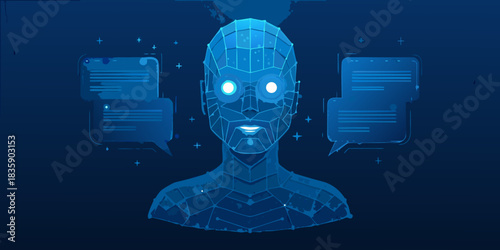Artificial intelligence chatbot with glowing eyes and speech bubbles in blue