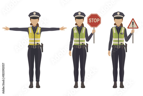 Traffic police officer vector illustration woman directing traffic with stop sign and warning sign isolated on white background