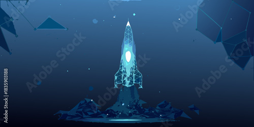Low poly rocket launching into space futuristic and abstract