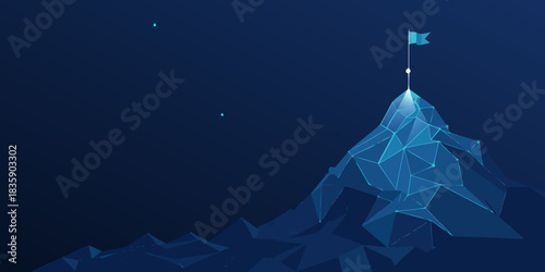 Abstract mountain with flag on top symbolizing success and achievement