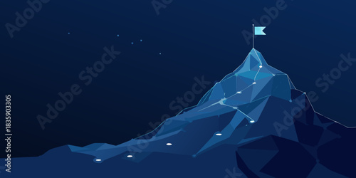Abstract mountain peak with flag and path to success in blue tones