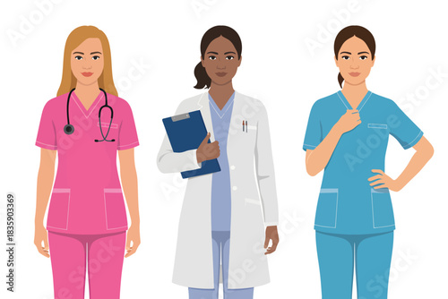 Diverse group of female doctors and nurses vector illustration of medical professionals in uniform isolated on white background