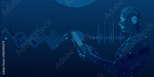 Digital man with smartphone and audio waveform in a low polygon style