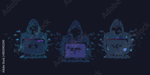Abstract hackers with laptops in the dark web cyber security concept