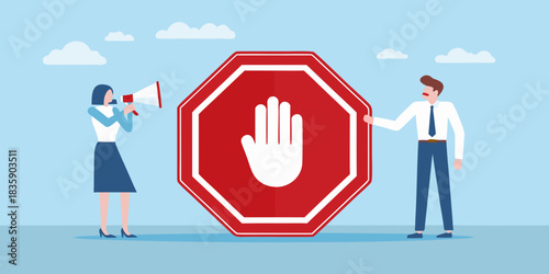 Business people presenting a stop sign with a megaphone in a flat design