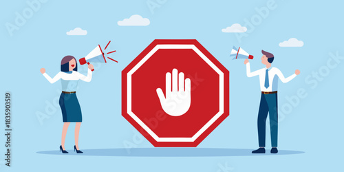 People with megaphones and stop sign communication protest and warning