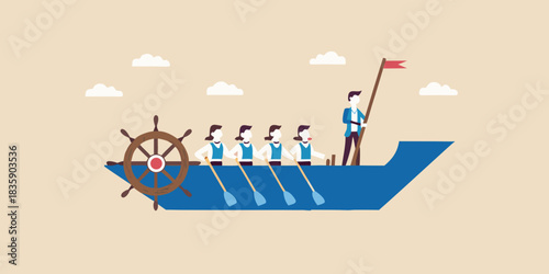 Teamwork and leadership a rowing team guided by a leader