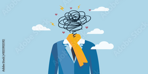 Overwhelmed businessman with tangled thoughts and emotions under pressure in the sky