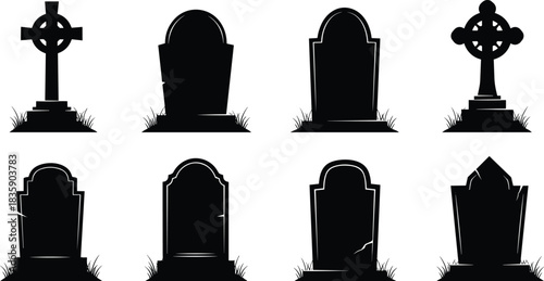 Collection of Silhouette Gravestones and Celtic Crosses on White Background tombstone headstone