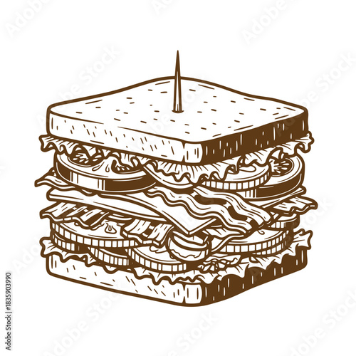 Detailed sketch of a delicious club sandwich featuring bacon tomato and lettuce on white background