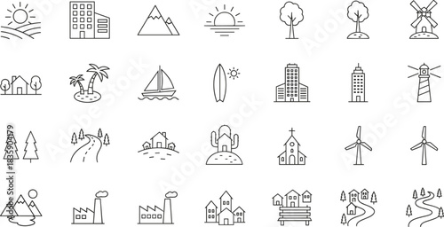 Nature, Landscape, and City Outline Icon Set, including Buildings, Mountains, Houses, Trees, Ocean, Windmills, Factory, Road, and Lighthouse Symbols for Environment.