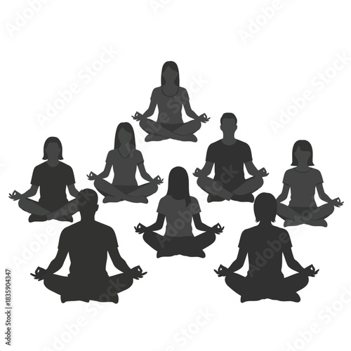 Group of people meditating in lotus pose silhouette isolated on white background