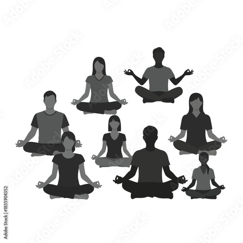 Group of diverse people meditating in lotus pose silhouette isolated on white background