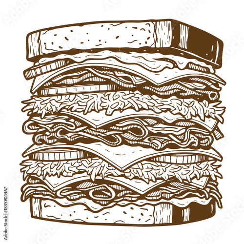 Detailed vintage sketch illustration of a delicious multilayered sandwich with various ingredients
