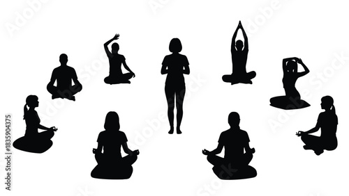 Group of people in various yoga poses silhouette isolated on white background
