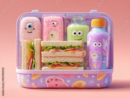A cute childrens cartoon themed lunchbox is filled with sandwiches, juice and adorable plush toys, offe a nutritious and playful mealtime experience for kids.