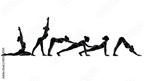 Sequence of yoga poses silhouette isolated on white background
