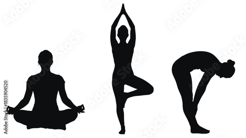 Three yoga poses silhouette isolated on white background