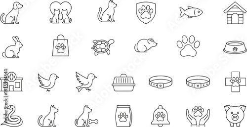 Pet Care and Domestic Animals Line Icon Set, including Veterinary Medicine, Dog, Cat, Rabbit, Bird, Paw Print, Pet Food, Turtle, and Retail Store Symbols for Animal Services.