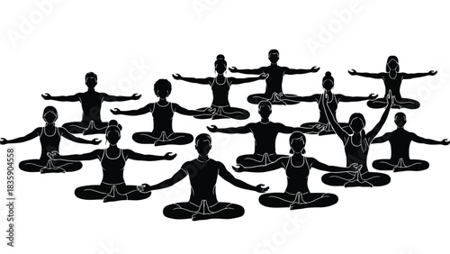 Group of people practicing yoga in lotus pose silhouette isolated on white background