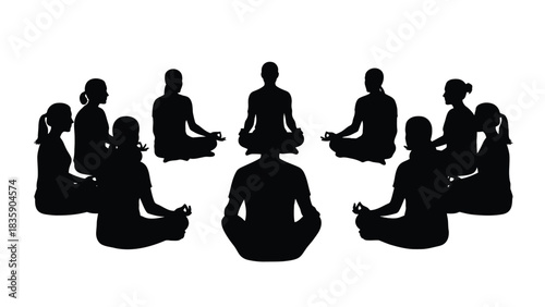 Group of people meditating in a circle silhouette isolated on white background