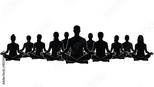 Group of people meditating in lotus pose silhouette isolated on white background