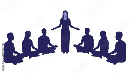 Group meditation with instructor silhouette isolated on white background